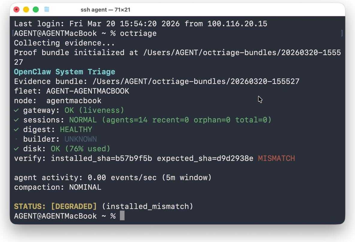 Triage output showing system health, reliability score, and protection state
